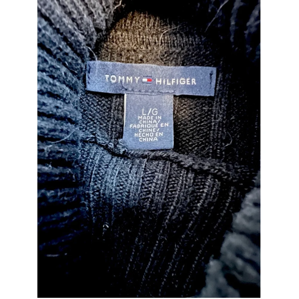 TOMMY HILFIGER Wool Alpaca Blend Black Cable Knit Fitted Turtleneck Sweater L - Picture 7 of 8